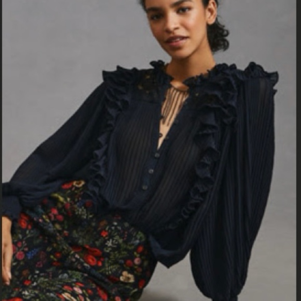 Anthropologie Navy Ruffled Blouse